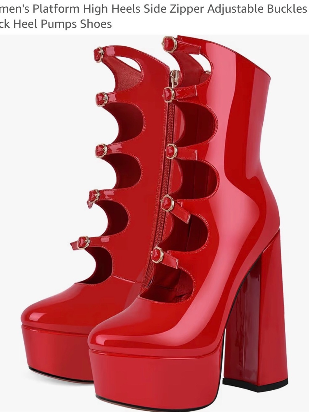 Red Patent Platform Ankle Boots with Buckle Straps
